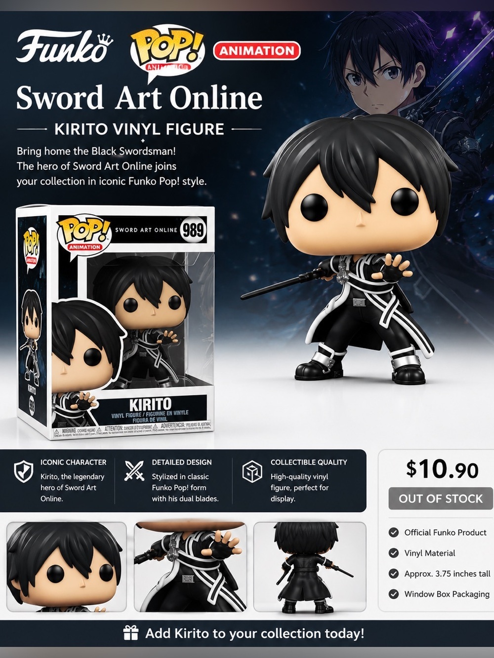 Funko Pop! Sword Art Online Kirito Vinyl Figure - Black, White, Skin Tone